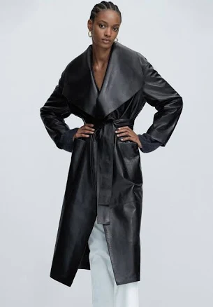 Lambskin Leather Trench Coat with Oversized Collar