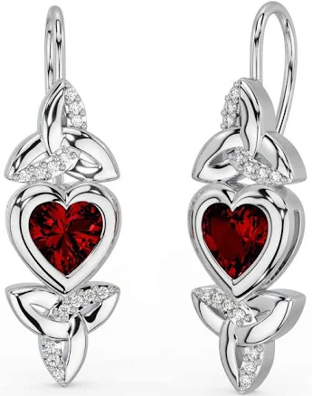 Sterling Silver Irish Celtic Trinity Knot Heart Dangle Earrings with Diamond Garnet
