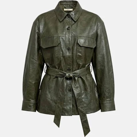 Olive Lambskin Belted Shirt Jacket