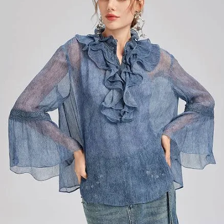 Silk Lace Ruffle Trim Blouse