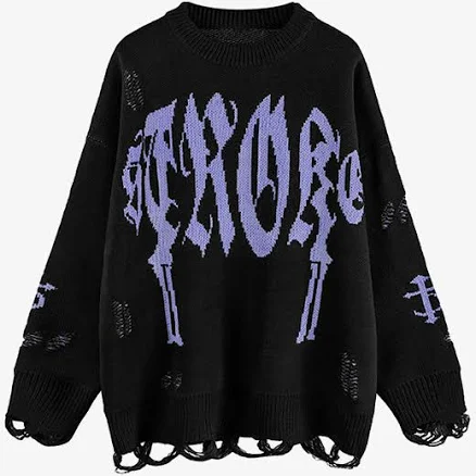 High Street Letter Jacquard Ripped Tassel Sweater