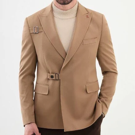 Slim Fit Double Breasted Wool Suit Jacket with Buckle Detail