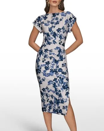 Donna Karan Women's Floral Print Scuba Round Neck Midi Dress