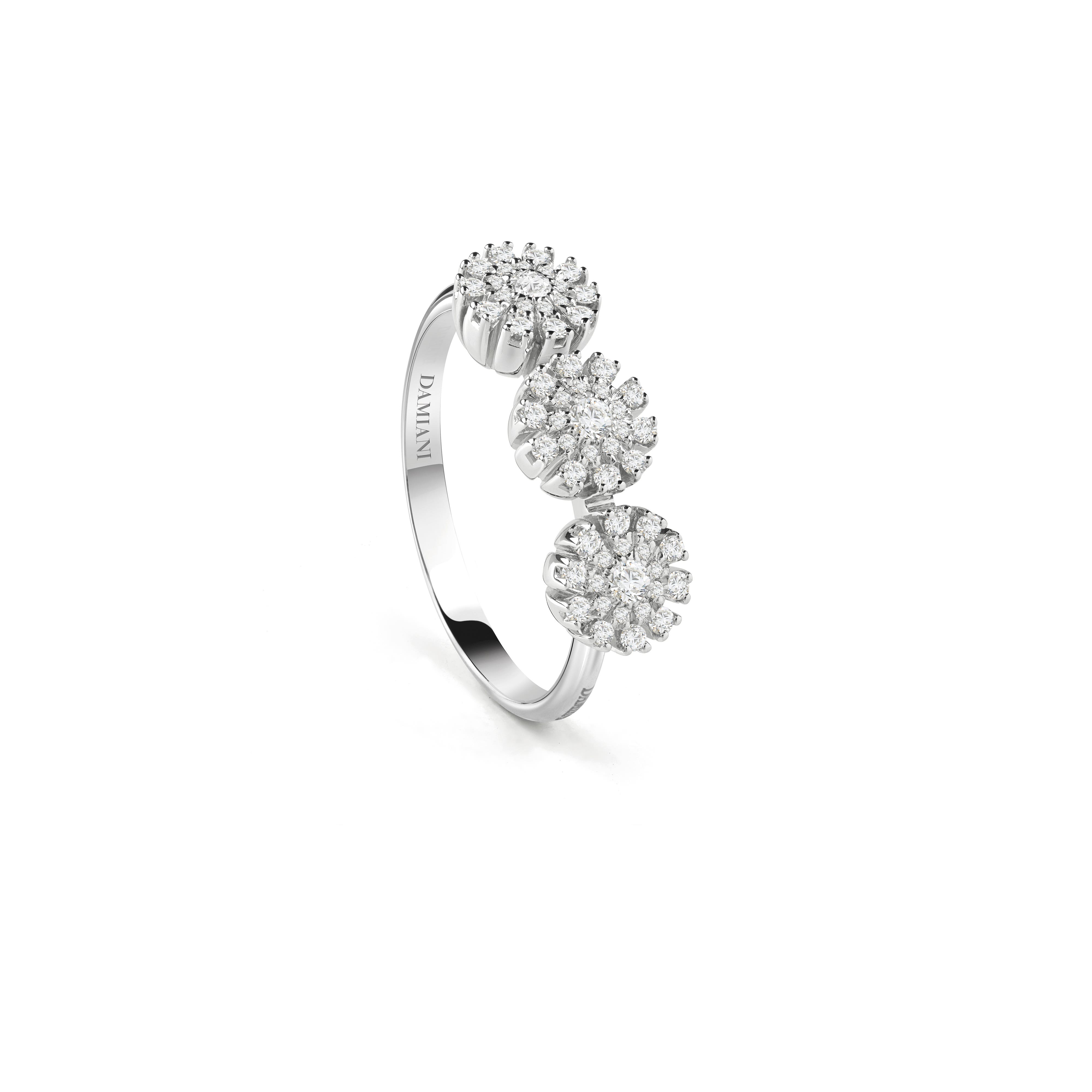 White-Gold Ring with Three Diamond Flowers