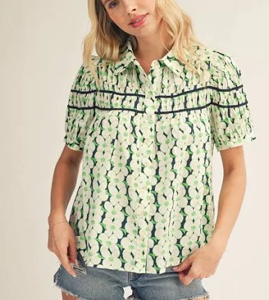 Floral Button Down Top with Shirring Detail