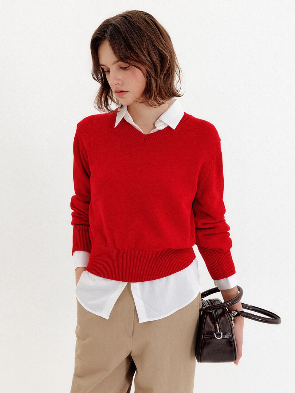 Hazel Puff Sleeve Knit Top Sweater [RED]