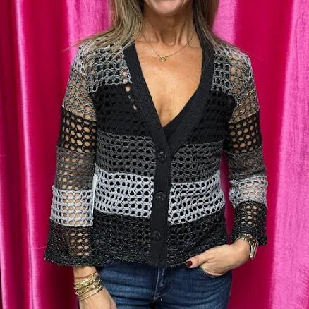 Crochet Color Block Bell Sleeve Cardigan