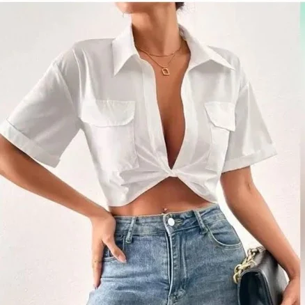 Micas Women's S/s Basic Twist Detail Cropped Collared Shirt Sv3 White