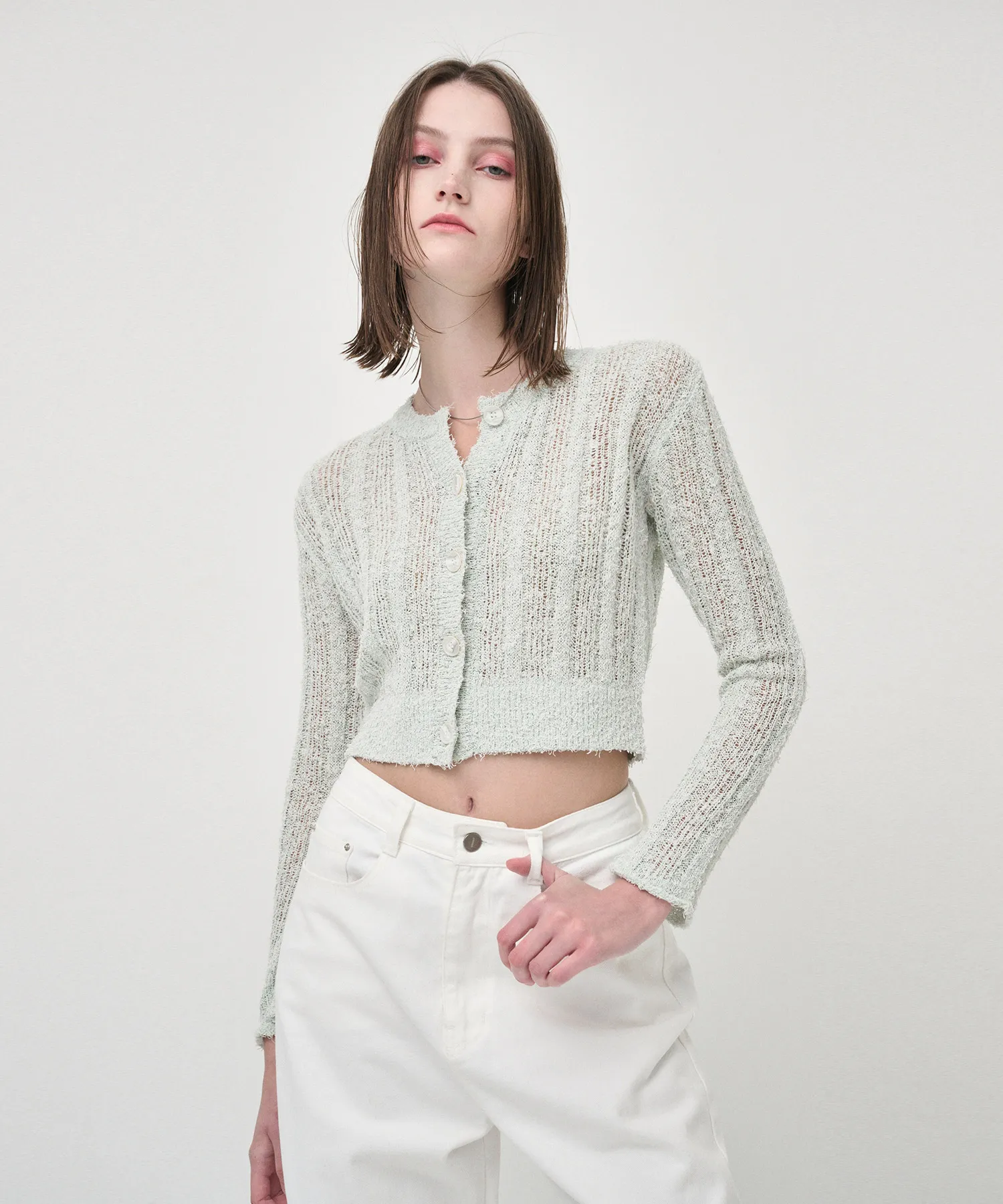 Tail Yarn Ribbed Knit Cardigan, Light Mint