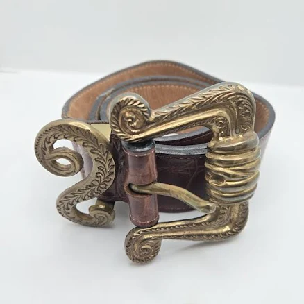 Antique Style Hook Buckle Brown Belt With Engraved Swirl Scroll Design