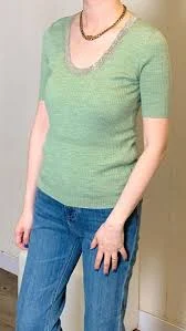 Avocado green with shimmering neckline marino wool x silk top