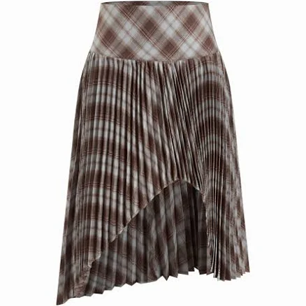 Woven Plaid Mid Rise Asymmetrical Hem Pleated Midi Skirt