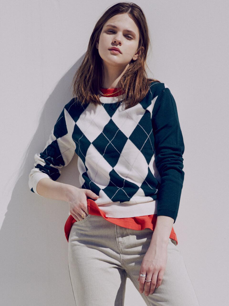 [FRONTROW x RePLAIN] Argyle Intarsia Knit Top