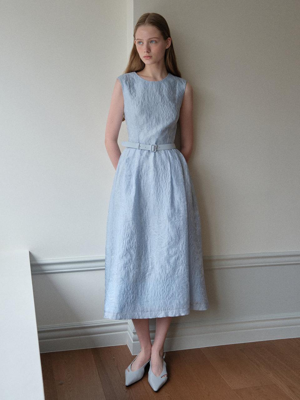 ERICA Round neck Sleeveless Jacquard Voluminous Long Dress [Light blue]