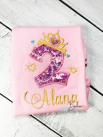 Princess 2nd Birthday Sequin Crown Embroidery Shirt