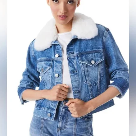 Alice + Olivia Jackets & Coats | Alice And Olivia Cropped Denim Jacket With Faux Fur | Color: Blue | Size: Xs | Marsha112469's Closet