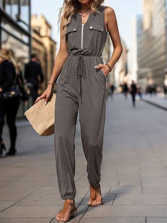 Sleeveless V-Neck Zipper Jumpsuit