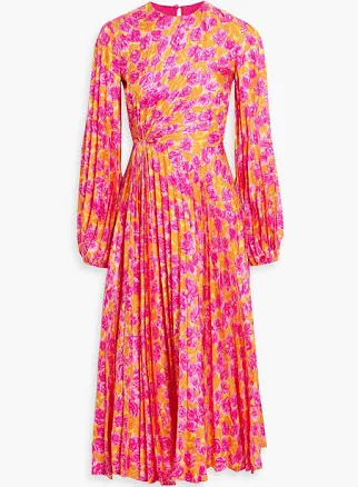 VALENTINO GARAVANI Pleated floral-print silk-twill midi dress - Women - Fuchsia Dresses - IT 40