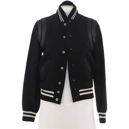 Saint Laurent Women's Classic Teddy Bomber Jacket Wool Blend with Leather Black