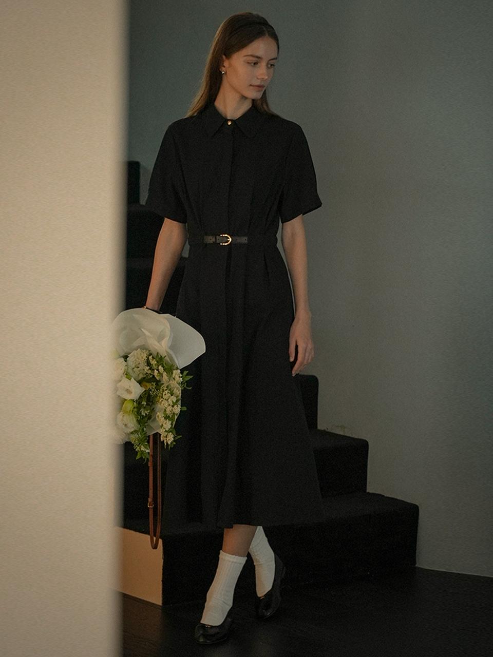 Belted Shirt Dress - Black