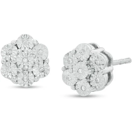 Sterling Silver Diamond Flower Stud Earrings