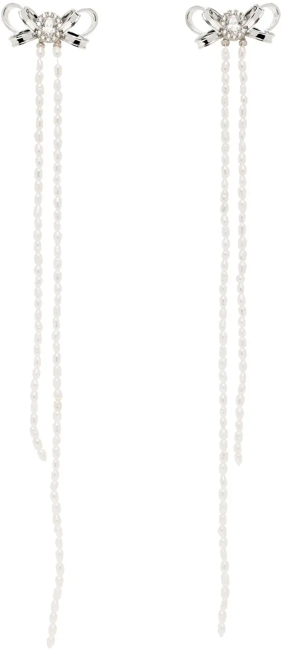 Silver Bow Long Tassel Earrings