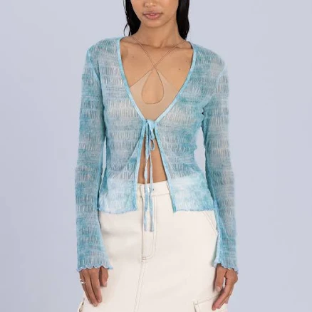 Denim Print Mesh Tie Front Cardigan