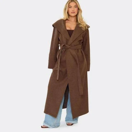 EGO Women's Hooded Tie Waist Wool Maxi Coat
