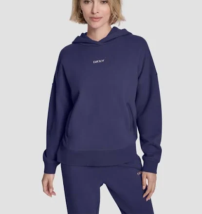 DKNY Women's Metallic Bubble Logo Drop Shoulder Pull-On Hoodie