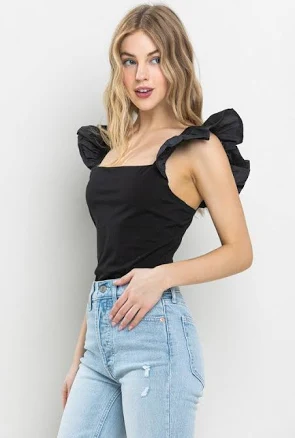 Sleeveless Ruffle Bodysuit Black / Large