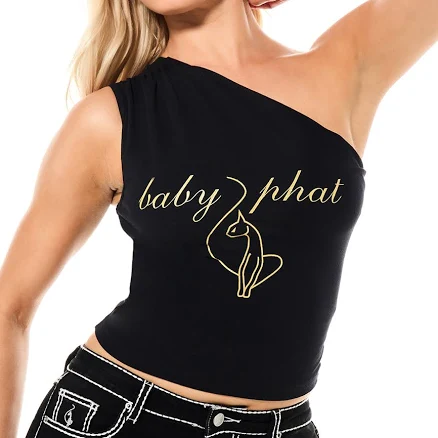BABYPHAT One Shoulder Crop Top Women's With Gold Logo Print Black Sleeveless Fitted Design Perfect For Night Out Party Casual Street Style