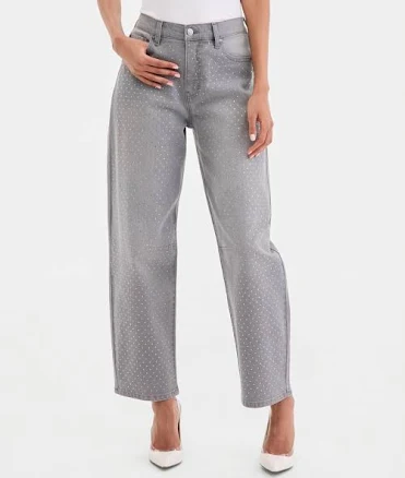 INC International Concepts Women's High-Rise Rhinestone Barrel-Leg Jeans