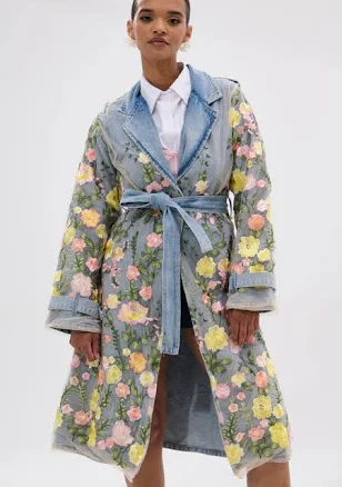 AKIRA Floral Denim Trench Coat