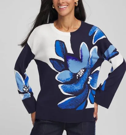 Chico's Women's Floral Intarsia Crewneck Pullover