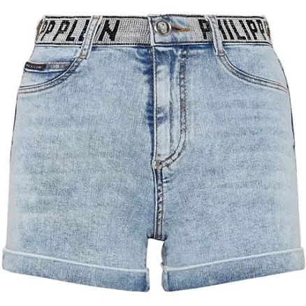 Logo-waistband Denim Shorts In Multi