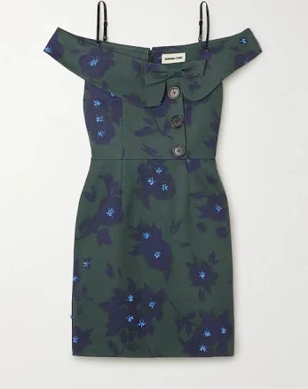Women's Asymmetric Off-the-Shoulder Embellished Floral-Print Cotton Mini Dress