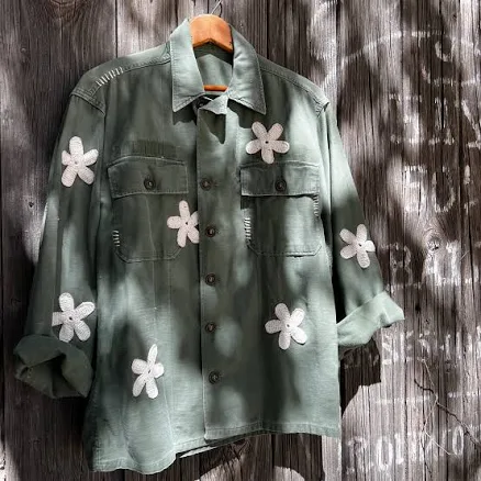 Vintage Army Jacket with Daisy Crochet Patches