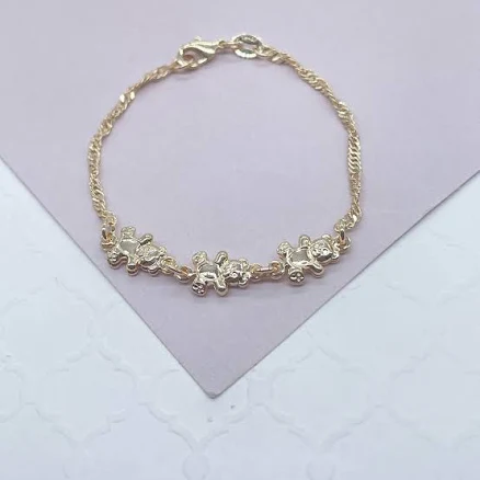 18k Gold Filled Teddy Bear Engraved Link Bracelet