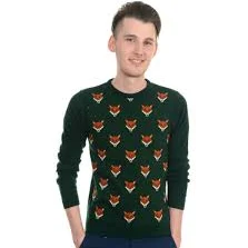 Run and Fly Retro Fox Face Jumper Cardigan Green Crew Neck
