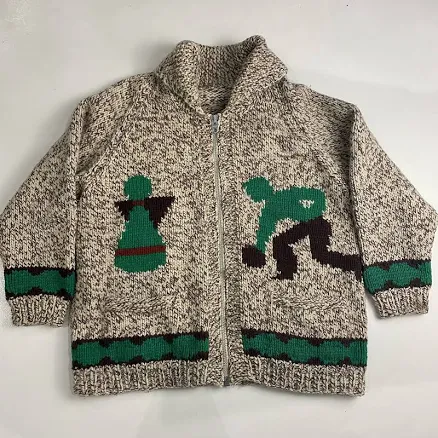 Vintage Hand Knit Wool Cowichan Siwash Sweater Bowling Full Zip Jacket