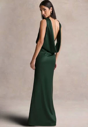 Stacey | Dark Green Slashed-Neck Maxi Dress With Open-Back And Embellished Detail, US 12 / deep green