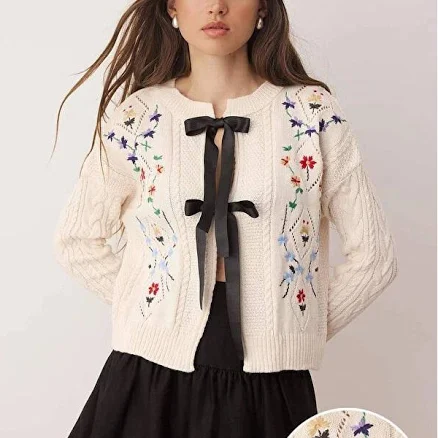 Cottagecore Women's Floral Embroidered Knit Cardigan with Bow Tie