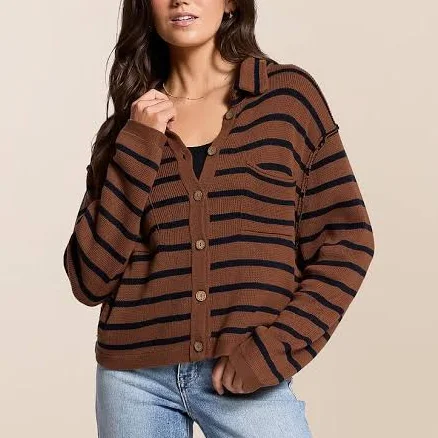 Blu Pepper Women's Striped Cotton Cardigan Sweater with Buckle