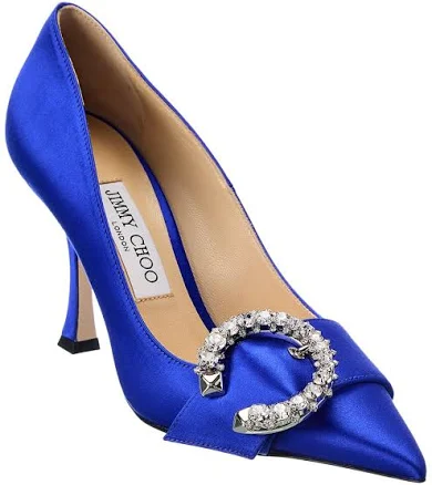 Jimmy Choo Melva 90 Satin Pump in Ultraviolet Blue, Size 36 – Italian Designer Heels with Crystal Buckle and 3.5 Inch Heel
