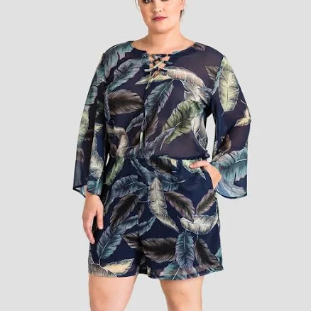 Standards & Practices Women's Tropical Leaf Bell Sleeve Lace-Up Romper