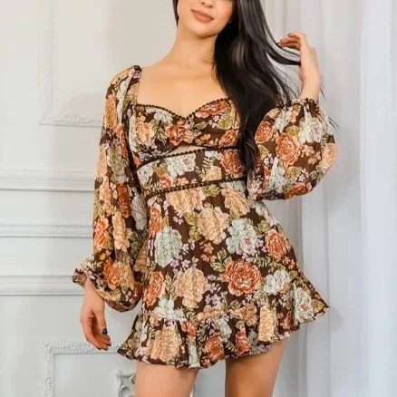 Sahara Lace Up Floral Romper with Peak a Boo Details