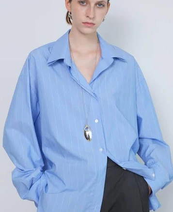 Oversized Double-Collar Pinstripe Button-Up Shirt