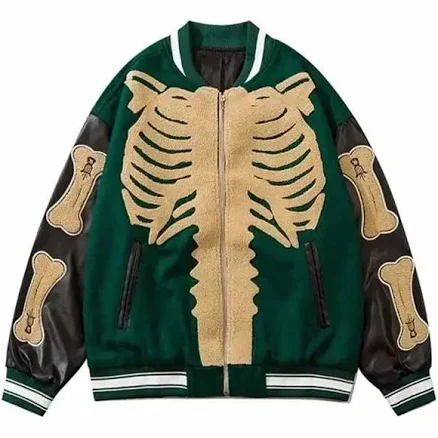 Bones Harajuku Wool With Leather Sleeves Varsity Bomber Jacket