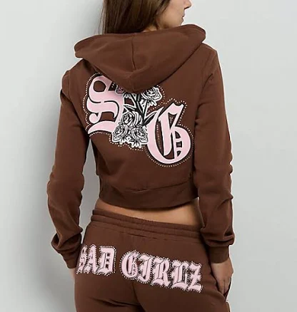 $AD GIRLZ By Junior H Flowers Brown Crop Zip Hoodie