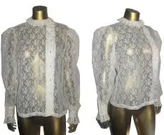 VTG Cream See Thru Mesh Floral Off Center Buttoned Long Puff Sleeve Lace Blouse